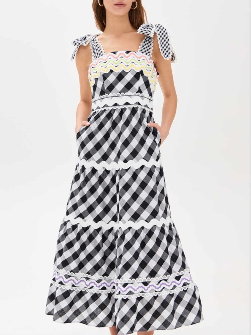 NWT CeliaB Black and White Jade Vichy Gingham Tiered  Dress with Pastel Rickrack